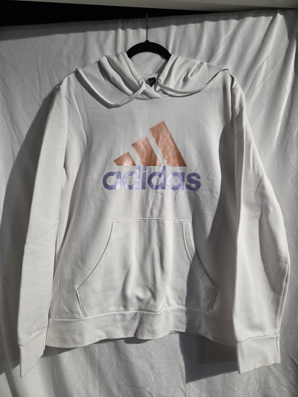 adidas White Hoodie with Rose Gold Logo and Lavender Text